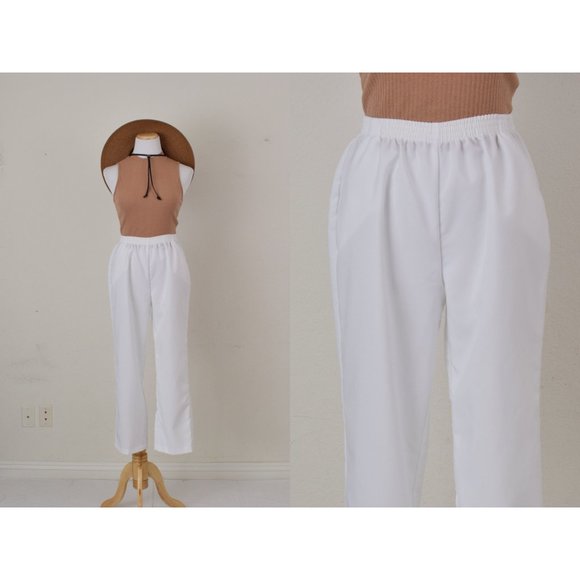 Vintage 80s Crisp White Gathered Waist Polyester Trousers | 26-34‎ waist - Picture 1 of 9